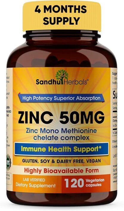Zinc 50mg Supplement 120 Vegetarian Capsules, Zinc Highly Absorbable Supplements