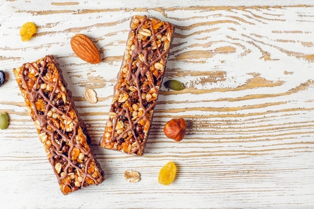 Healthy Delicios Granola Bars With Chocolate, Muesli Bars With Nuts And Dry Fruits, Top View Free Photo