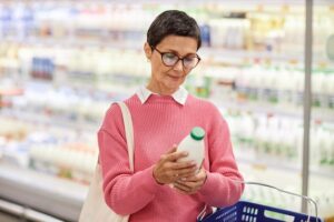 mature woman holding bottle milk supermarket checking expiration date 236854 53675